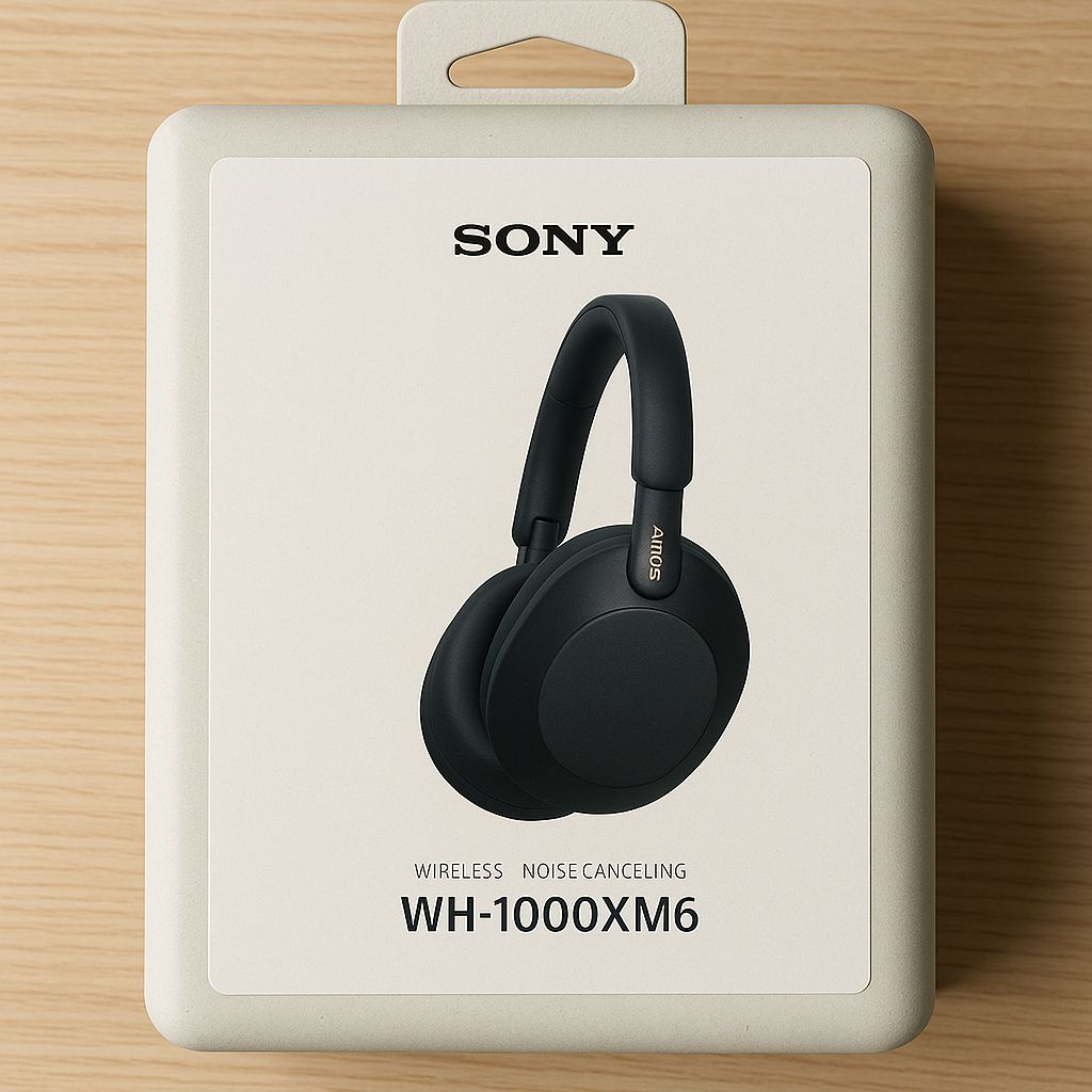 Box of Sony WH-1000XM6 wireless noise-canceling headphones showing Sony XM6 model with sleek black design