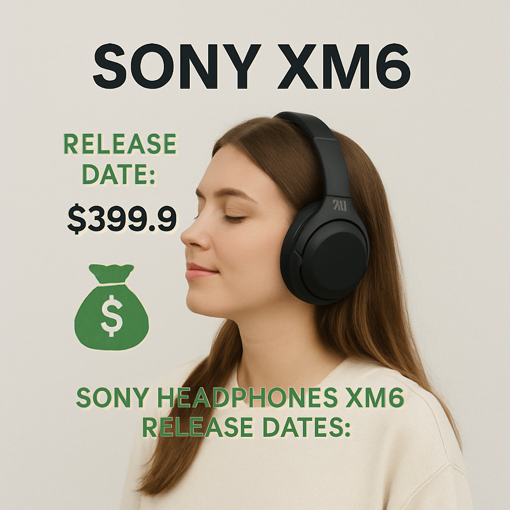A young woman wearing Sony XM6 headphones with price $399.9 displayed, promotional graphic for Sony headphones XM6 release dates without specific launch dates.