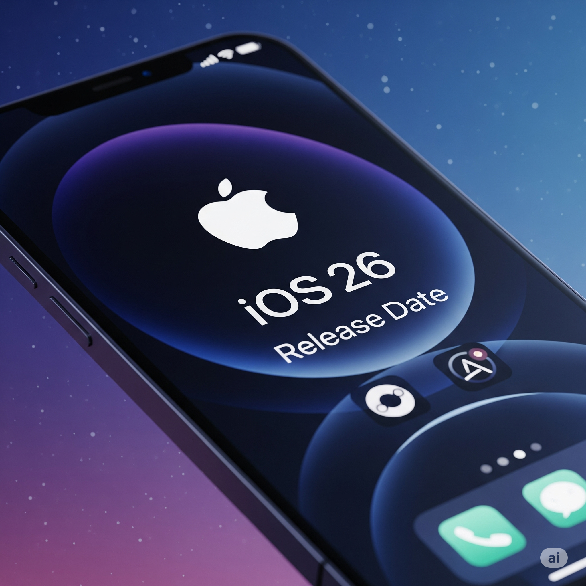 iOS 26 release date, futuristic iPhone display, abstract Apple logo